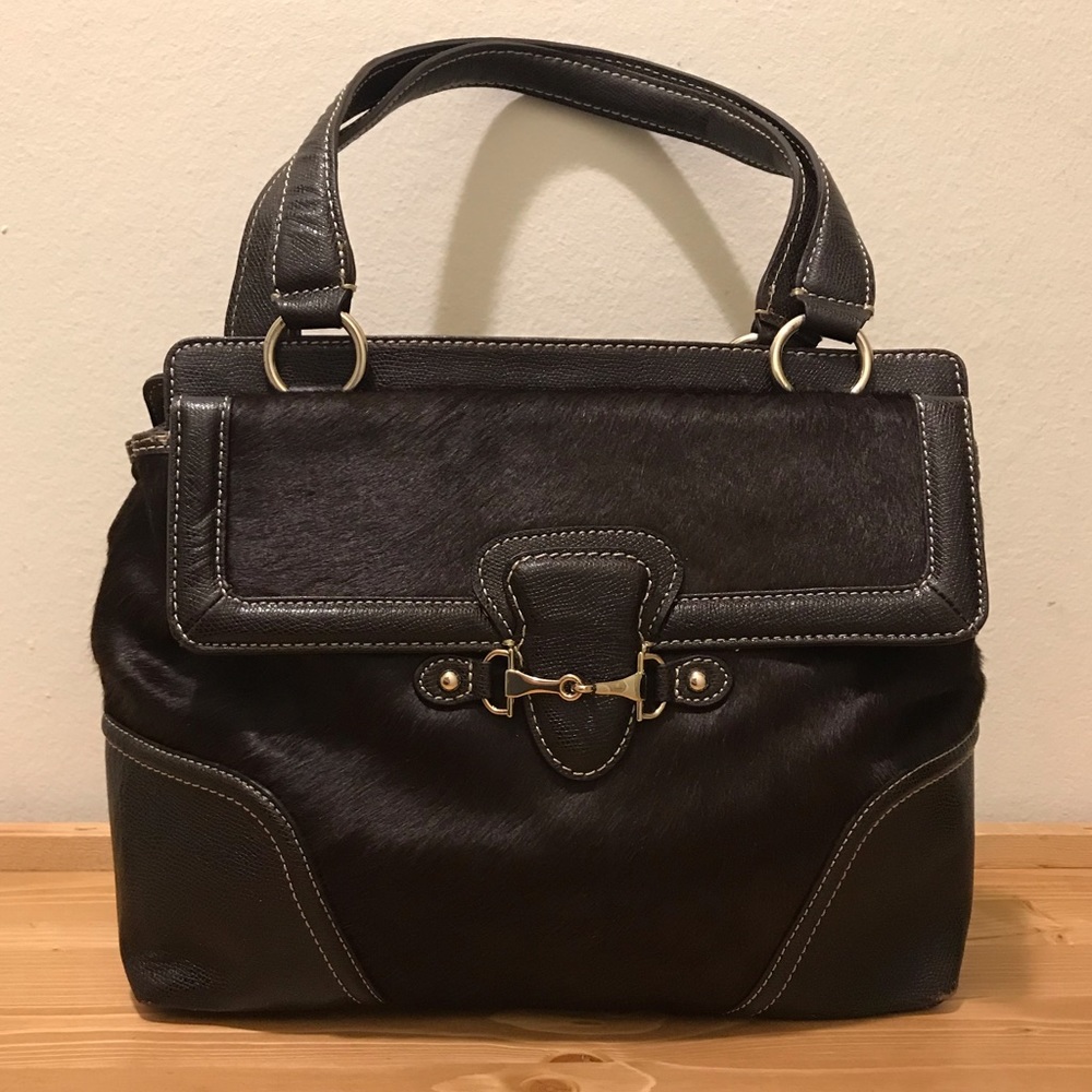 Genuine Pony Fur Leather Satchel Brown